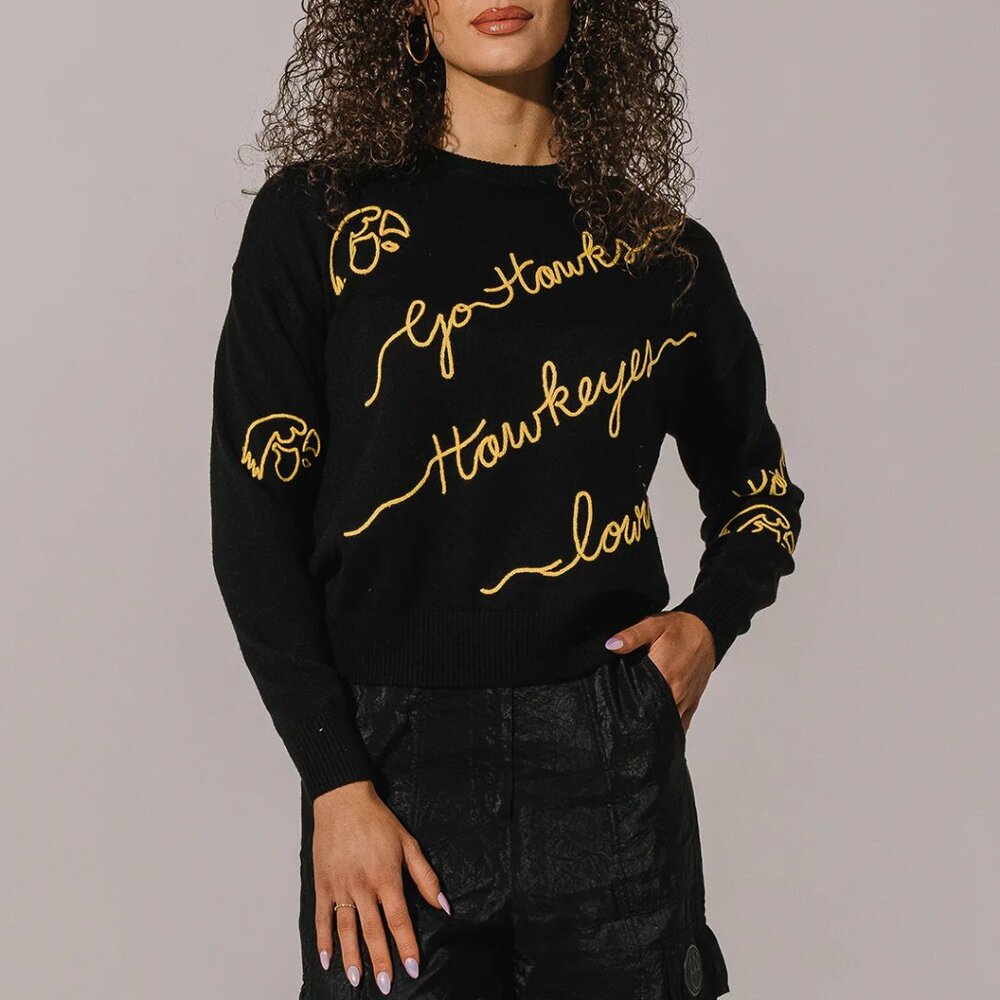 NEW Kadyluxe Iowa Hawkeyes Embroidered Love Letter Sweater Wool Blend